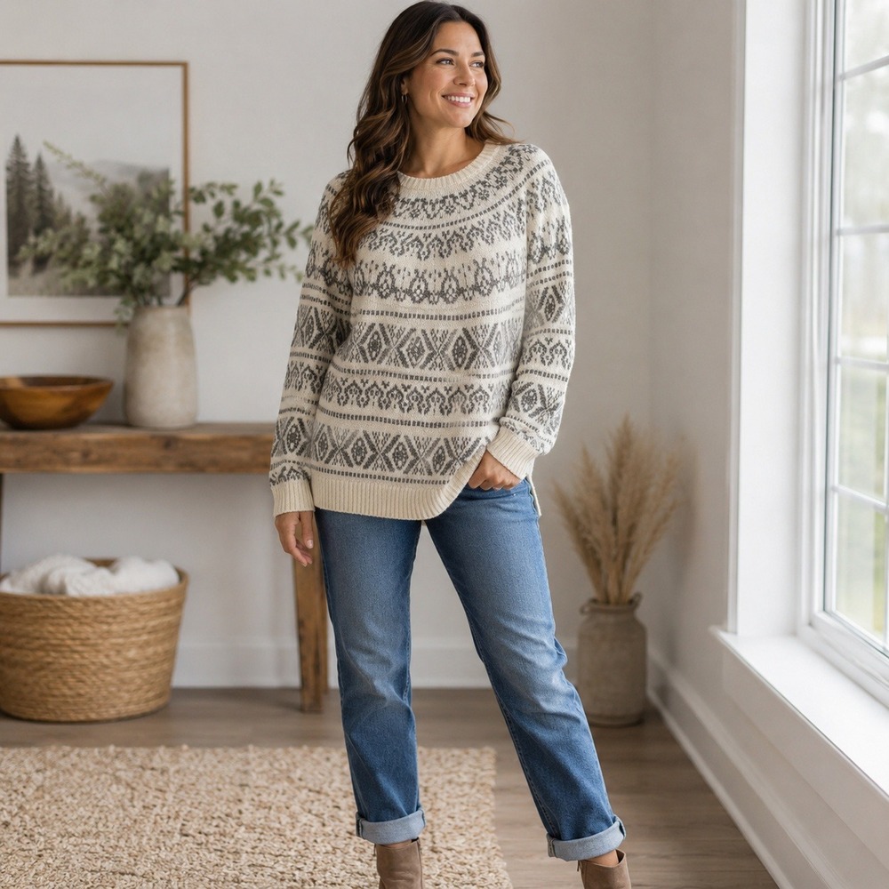 J.Jill Fair Isle Sweater Womens XL Tall Ivory Gray Nordic Cozy Soft Knit
